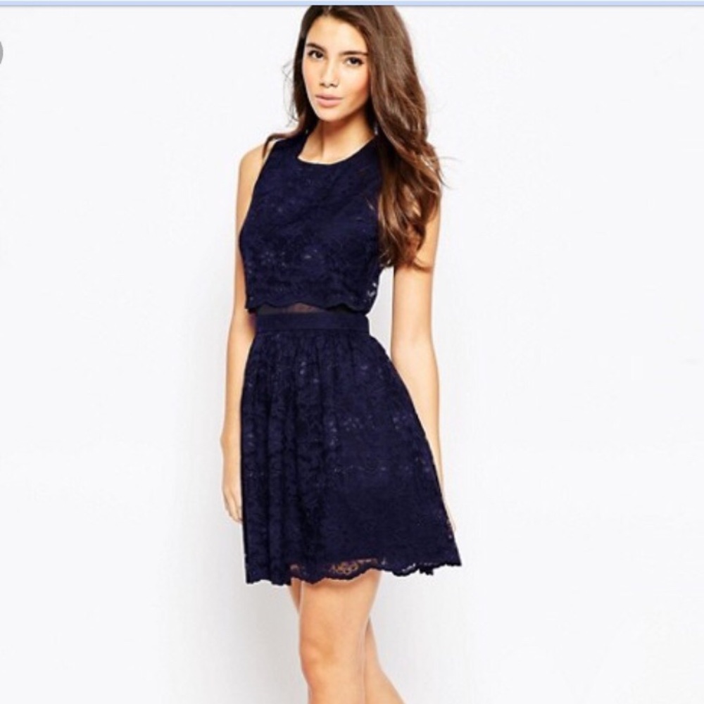 Navy Blue Lace Crop Top Skater Dress